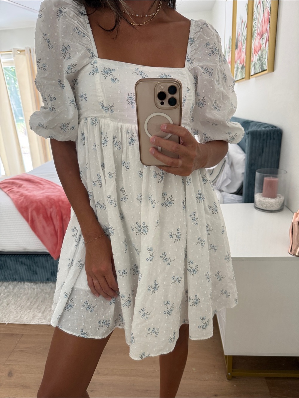Storia White Mini Dress with Blue Floral Print - Picture 1 of 4